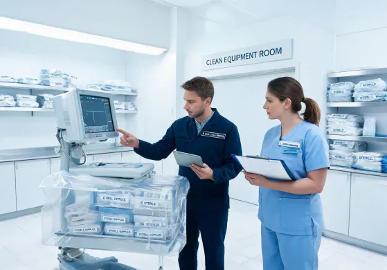 Field service engineer preparing clinical supply cart